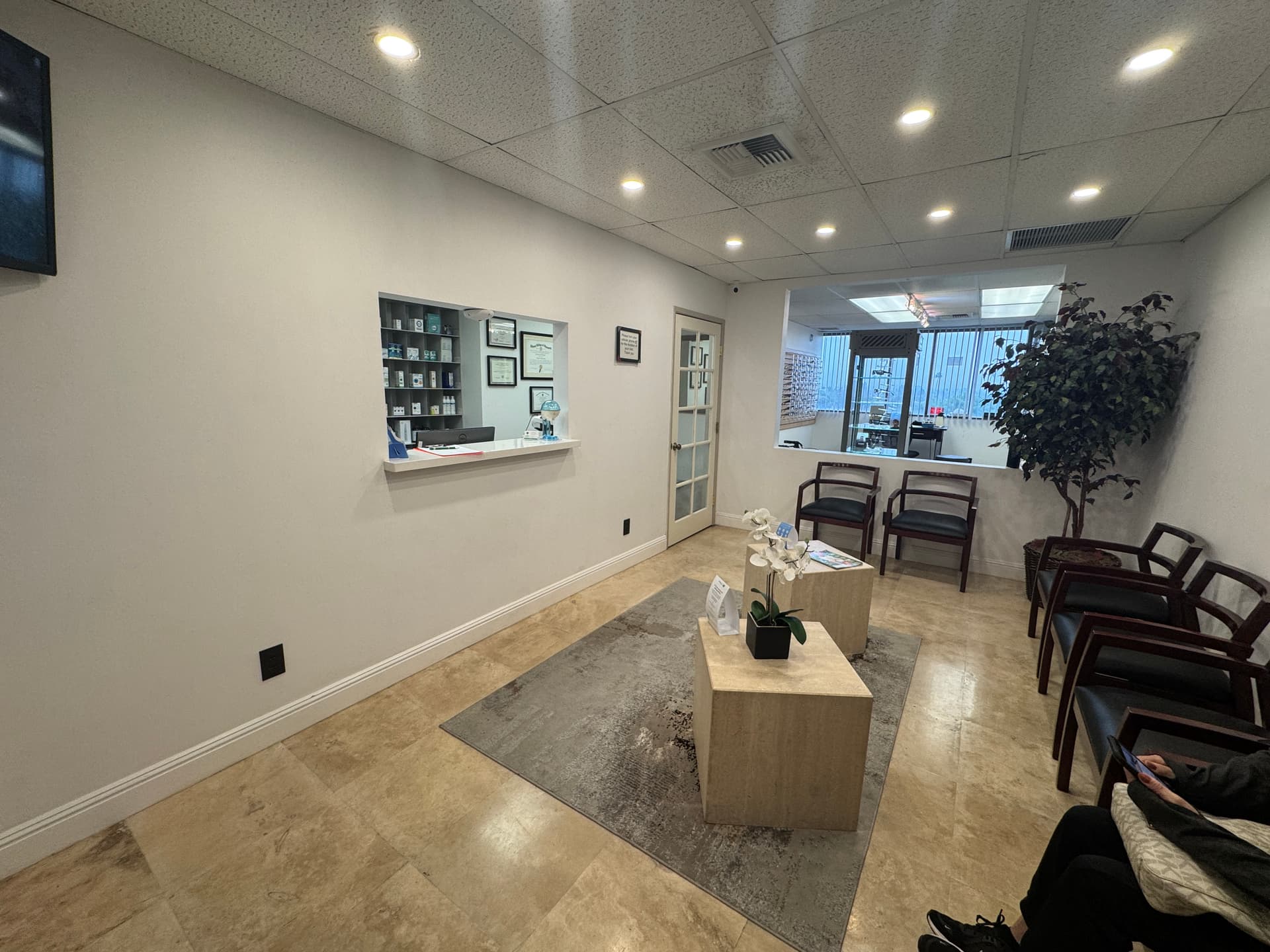 Modern reception and waiting room at EyeCare Center of Orange County