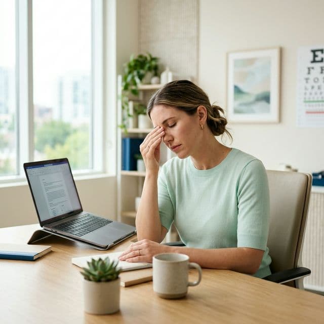 Professional woman suffering from digital eye strain and headache at computer